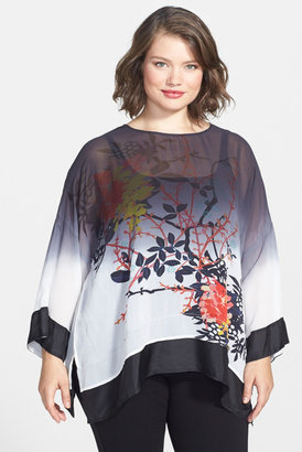 Citron Kimono Sleeve Print Silk Top (Plus Size)
