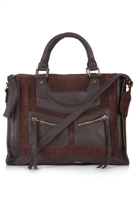 Topshop Leather and suede holdall bag with gold hardware and long strap. h:31cm w:38cm. 100% leather.