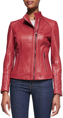 Neiman Marcus Quilted-Back Stand-Collar Leather Moto Jacket