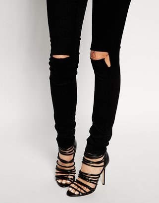 ASOS Ridley High Waist Ultra Skinny Jeans in Clean Black with Busted Knees