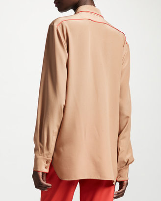 Stella McCartney Piped Silk Crepe de Chine Blouse, Military Olive Green