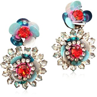 Shourouk Capri Blue Flower Earrings w/Crystals and Sequins
