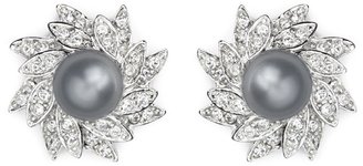 Kenneth Jay Lane Faux pearl crystal pavé flower clip earrings