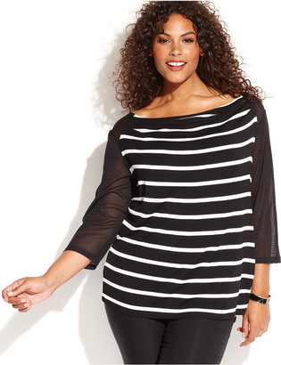 INC International Concepts Plus Size Striped Illusion-Sleeve Top