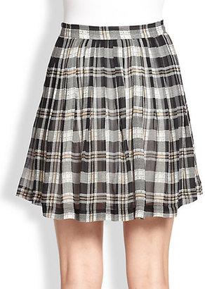 Joie Deron Plaid Silk Pleated Skirt