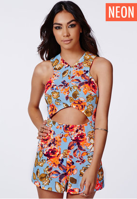Missguided Blue Neon Floral Cut Out Playsuit