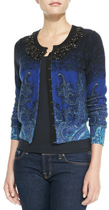 Tracy Reese Long-Sleeve Printed Beaded-Neck Cardigan