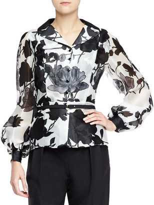 Carolina Herrera Silk Long-Sleeve Floral Blouse, Black/White