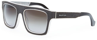Balenciaga Square Straight Brow Lizard-Embossed Sunglasses, Opal Light Gray