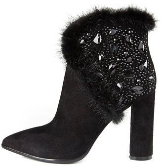 Choies Black Ankle Boots With Rhinestone And Fur
