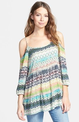 Lily White Print Tiered Cold Shoulder Top (Juniors)