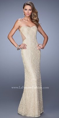 La Femme Sheer Back Beaded Lace Prom Gown