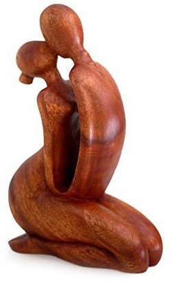 Novica Brown Romantic Suar Wood Sculpture, 11" Tall 'The Kiss I'