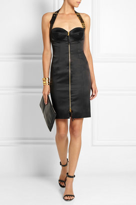 Moschino Leather-trimmed satin-crepe mini dress