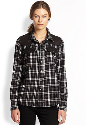 Current/Elliott The Western Faux Leather-Trimmed Plaid Flannel Shirt