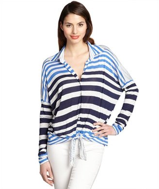 Wyatt blue and grey striped jersey knit tie front long sleeve top