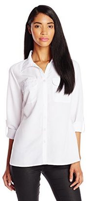 Notations Women's Solid 3/4 Sleeve Faux Pocket Y-Neck Blouse