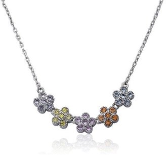 Little Miss Twin Stars Flower Girl" Rhodium-Plated Cubic Zirconia Small Flowers Chain Necklace