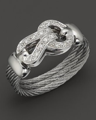 Charriol Classique Collection 18K White Gold, Diamond and Grey Stainless Steel Nautical Cable Ring