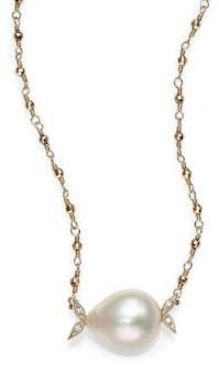 Mizuki Sea of Beauty 12MM White Teardrop Freshwater Pearl, Diamond & 14K Yellow Gold Necklace