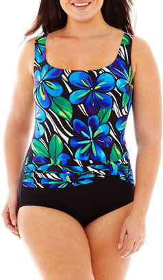 Robby Len By Longitude by Longitude Floral Print Sash 1-Piece Swimsuit - Plus