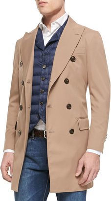 Brunello Cucinelli Nylon Double-Breasted Trench Coat, Camel