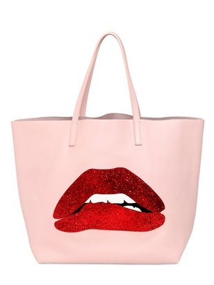 RED Valentino Glitter Mouth Appliqué Leather Tote Bag