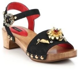Dolce & Gabbana Jewel and Metal Flower Leather Wooden-Heeled Sandals