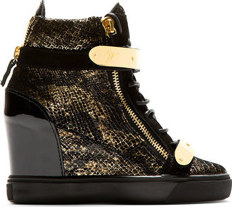 Giuseppe Zanotti Black & Gold Lorenz High-Top Wedge Sneakers