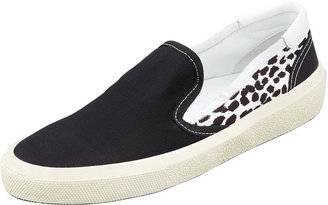 Saint Laurent Solid/Leopard Canvas Slip-On Sneaker, Black/White