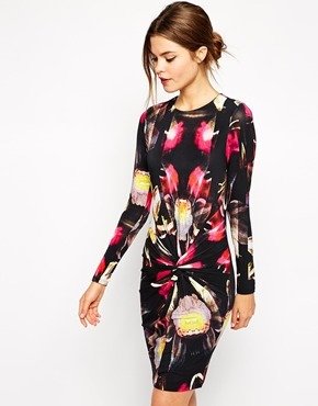 Ted Baker Dress with Pleated Front Twist Detail in Petal Print - Black