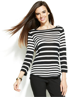 Alfani Petite Three-Quarter-Sleeve Striped Sweater
