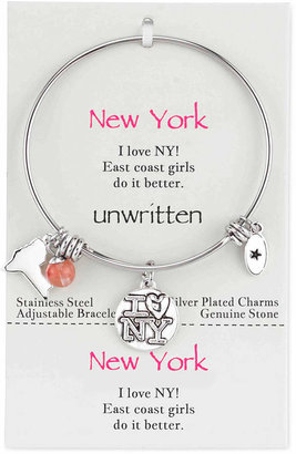 Unwritten New York Girl Charm and Cherry Quartz (8mm) Bangle Bracelet in Stainless Steel