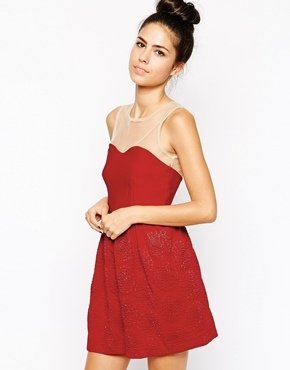 TFNC Saphir Skater Dress with Mesh Panel - Red/nude