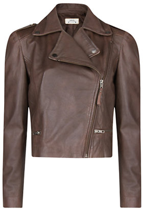 MANGO Leather Biker Jacket, Dark Brown