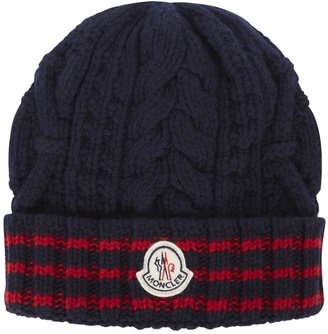 Moncler Navy striped cable knit beanie