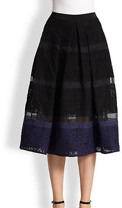 Rebecca Taylor Silk Lace-Striped Midi Skirt