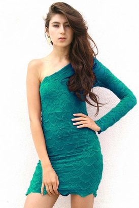 Nightcap Clothing Victorian Lace One Sleeve Dress in Emerald