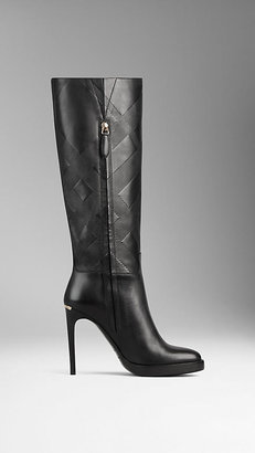 Burberry Embossed Check Panel Leather Boots