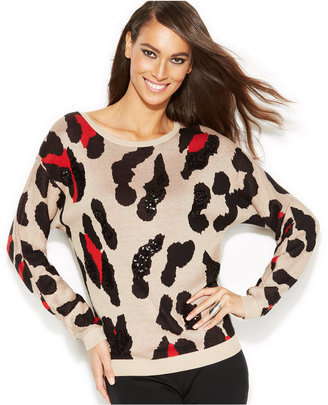 INC International Concepts Petite Dolman-Sleeve Animal-Print Sequined Sweater