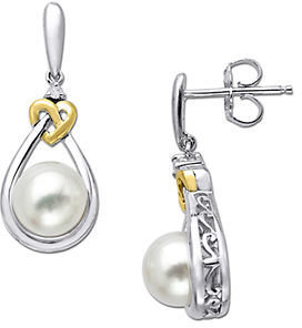 Lord & Taylor Sterling Silver with 14 Kt. Yellow Gold Pearl and Diamond Accent Earring .02CTW