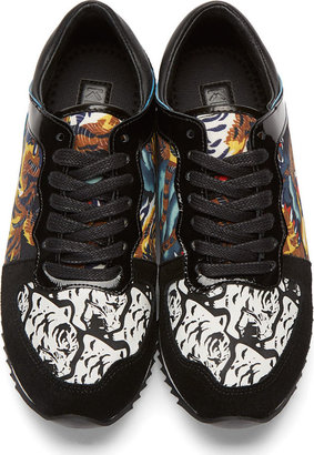 Kenzo Black Leather & Suede Tiger Print Sneakers
