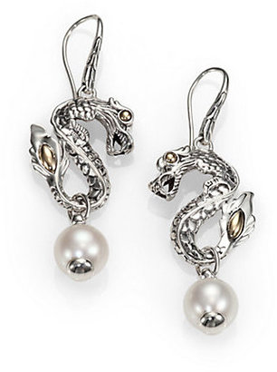 John Hardy Naga Freshwater White Pearl, 18K Yellow Gold & Sterling Silver Dragon Drop Earrings