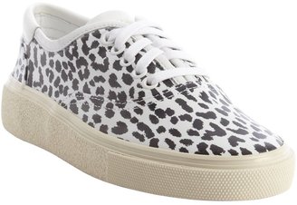 Saint Laurent Black And White Leopard Print Leather Lace Up Sneakers