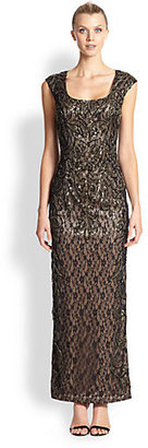 Sue Wong Sequined Lace Cap-Sleeve Gown