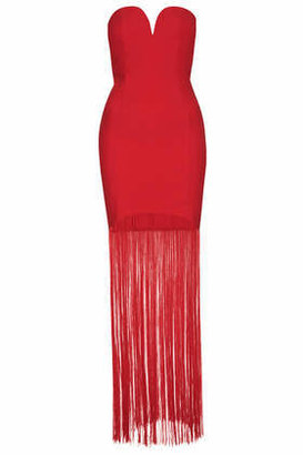 Topshop Womens **Plunge Maxi Dress With Fringe Hem by Rare - Red
