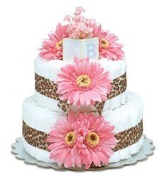Bloomers Baby 2 Tier Diaper Cake - Hot Pink Daisies with Leopard Trim