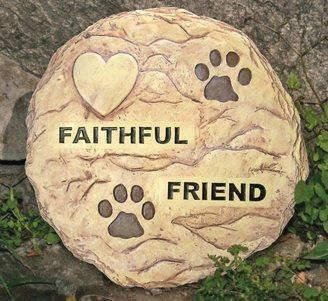 Pet Memorial Garden Stepping Stone with a Paw Print and Heart Design -- Carved Message Reads "Faithful Friend" -- the Heart Can Be Personalized with a Permanent Maker (Marker Not Included) -- 11 1/2" Diameter Round Rock Perfect Size to Place in a Garden -- Use for a Pet Grave Marker -- Hardware on Back of Stone to Hang on a Wall