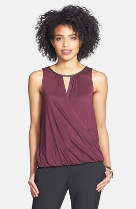 Halogen Faux Leather Trim Sleeveless Wrap Front Top
