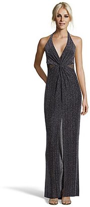 ABS by Allen Schwartz silver and black lurex and lace racer back halter gown
